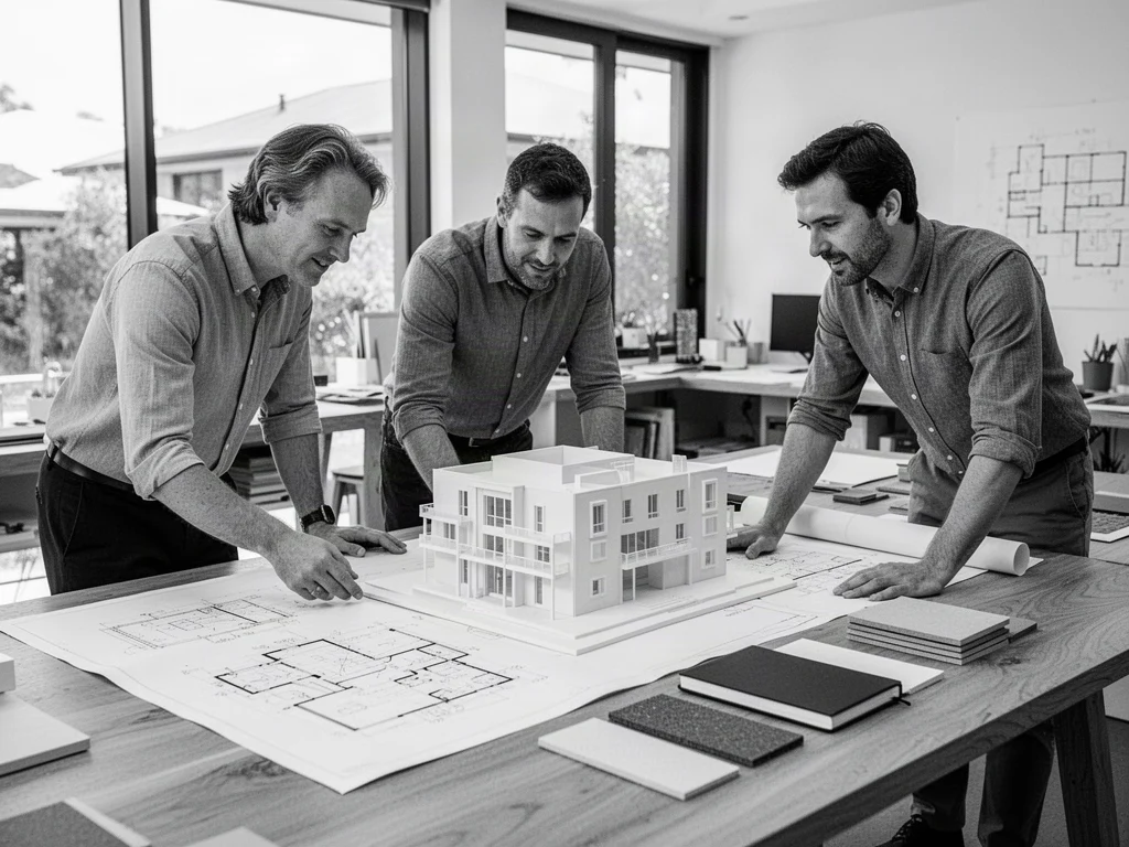 Representative architecture studio team reviewing drawings and a physical building model