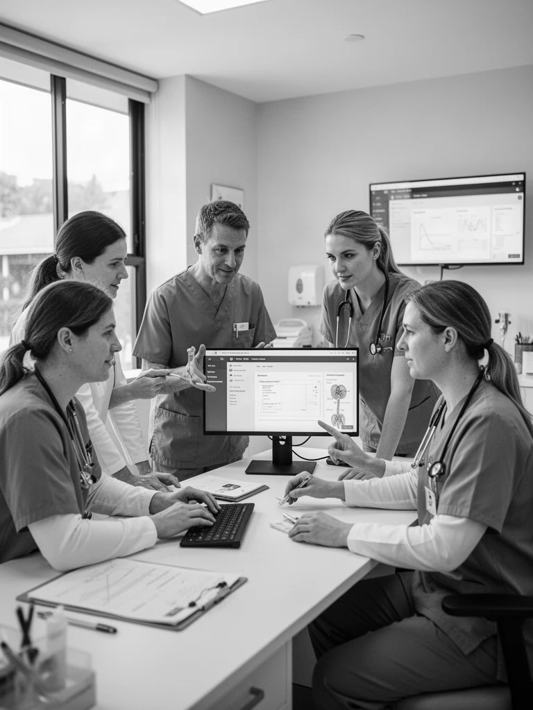 Representative healthcare operations team collaborating around digital workflows